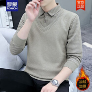 羅蒙（ROMON）假兩件男士襯衫領(lǐng)潮流帶領(lǐng)子秋冬季加絨打底針織衫男裝青年毛衣衫 8376加絨卡其色 L 90-120斤左右