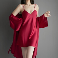 WANKOU性感睡衣女2025夏女士吊帶睡裙睡袍晨袍睡衣冰絲綢薄款套裝家居服 酒紅色套裝 帶胸墊 L 【建議101-115斤】