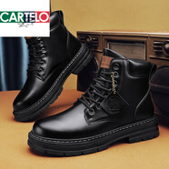 卡帝樂(lè )鱷魚(yú)（CARTELO）皮鞋男士大頭男鞋馬丁靴男秋冬保暖加絨防滑戶(hù)外運動(dòng)休閑高幫棉鞋 黑色【街拍款】 40