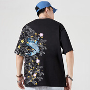 天龍致尊（Denon supreme）短袖t恤男女潮牌夏季國(guó)潮中華龍刺繡體恤純棉寬松中國(guó)風(fēng)情侶T恤衫 769錦鋰黑色 2XL(建議160-175斤)