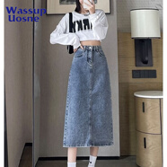 尚簡紛開叉A字牛仔半身裙女學(xué)生2025新款夏季薄款寬松a字包臀中長款裙子 淺藍色中長裙腰圍可調(diào)節(jié) L 【106-120斤】