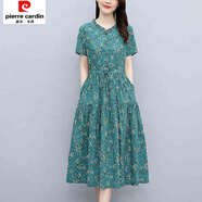 皮爾卡丹棉麻碎花連衣裙女2025新款夏裝時(shí)尚收腰休閑寬松洋氣減齡中長(cháng)裙子 綠色 XL 115-130