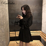 Radinka2024秋新款韓版清冷感絕美黑色束腰連衣裙設(shè)計(jì)感女收腰小黑裙KKE 黑色 M