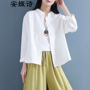 安婭詩(shī)短外套女春秋款復古民族風(fēng)單排扣開(kāi)衫外套女長(cháng)袖立領(lǐng)棉麻上衣 白色 均碼 建議105-145斤左右