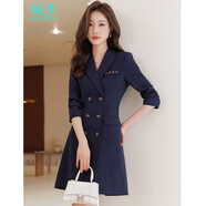 綠夕（REAXUR）西裝連衣裙女2025年新款職業(yè)氣質(zhì)女人味高檔上檔次職場(chǎng)收腰西裝裙 藏青色 2XL