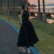 GARNUO黑色連衣裙子女夏季新款春秋法式茶歇赫本風(fēng)收腰背心無袖吊帶長(zhǎng)裙 黑色【無袖】 M 【101-115斤】