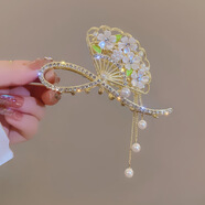 芠拉（WL）金色花朵大號水鉆抓夾金屬發(fā)夾后腦勺發(fā)抓夾子頭飾鯊魚(yú)夾發(fā)卡女夏 綠葉花花扇形（帶流蘇） B02-101