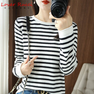 LOVER RUCCI法國純棉秋冬季新款圓領(lǐng)條紋卷邊針織衫女純棉線(xiàn)長(cháng)袖t恤寬松打底 黑白色 XL