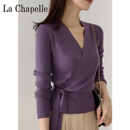 拉夏貝爾（La Chapelle）圍裹交叉綁帶V領(lǐng)針織衫秋冬氣質(zhì)時(shí)尚修身顯瘦百搭打底毛衣女 純100自動(dòng)發(fā)熱紫色 純100自動(dòng)發(fā)熱3XL 建議125-135斤