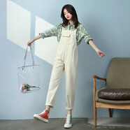 牛仔背帶褲女韓版寬松春裝2020款古著(zhù)蘿卜褲子春夏日系高腰老爹褲 米白色 S