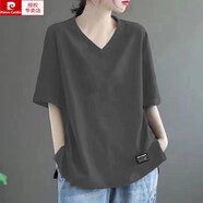 皮爾卡丹（pierre cardin）純棉時(shí)尚V領(lǐng)短袖t恤女夏季百搭寬松大號(hào)遮肚顯瘦減齡休閑中袖上衣 灰色 XL