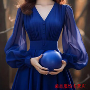 嫻槐雪紡連衣裙2024長袖v領(lǐng)收腰顯瘦高端精致超好看度假風(fēng)宴會(huì)禮服裙 藍(lán)色-約會(huì)戰(zhàn)袍溫柔風(fēng)連衣裙 S -約會(huì)戰(zhàn)袍溫柔風(fēng)連衣裙