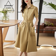 SHIROMA女裝夏裝新款襯衫領(lǐng)連衣裙女時(shí)尚韓版休閑韓版氣質(zhì) 卡其色 L