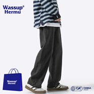 WASSUP HERMU官方牛仔褲男春夏季復古美式潮牌黃泥染直筒褲水洗做舊休閑長(cháng)褲子 深黑灰（款） 常規 3XL（推薦170-185斤）