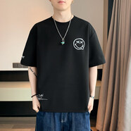 質(zhì)獅衣頻大碼t恤男夏季新款圓領短袖體恤男士寬松潮流胖子加肥加大男裝 黑色 3XL180-200斤
