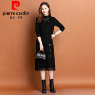 皮爾卡丹（pierre cardin）秋冬背心兩件套套裝針織羊毛裙半高領鏤空鉤花氣質女神連衣裙 黑色 S 建議80-98斤