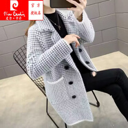 皮爾卡丹（pierre cardin）女士水貂絨厚外套2025秋冬新款中長(cháng)款毛衣韓版長(cháng)袖開(kāi)衫針織上衣 黑白色 XXXL 建議145-160斤