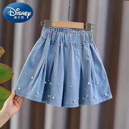 迪士尼（Disney）女童牛仔珍珠短褲裙夏季新款中大童女孩時(shí)髦半身裙百褶裙兒童裙褲 珍珠裙褲 淺藍色 130 身高120125cm