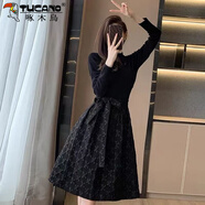 啄木鳥黑色連衣裙女2025秋季新款長袖時尚收腰顯瘦氣質(zhì)假兩件a字蓬蓬裙 黑色 L