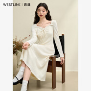 西遇法式浪漫鉤花蕾絲紋理磨毛長(cháng)袖連衣裙女2024秋季針織裙 米色 M