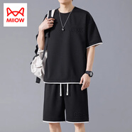 貓人（MiiOW）冰絲休閑套裝男夏季運動(dòng)短褲寬松短袖t恤潮流百搭兩件套 01黑色【冰絲套裝】 M