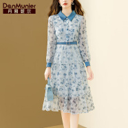 丹慕妮尔法式优雅网纱刺绣连衣裙秋新款女装长袖气质收腰裙子 蓝色 XL