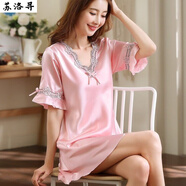 蘇洛尋時(shí)尚睡裙女夏冰絲家居服連衣裙薄款短袖大碼絲質(zhì)睡衣女夏天睡裙 091款粉色 XL(120-140斤)