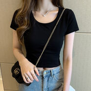 春景步雨棉短袖t恤女學(xué)生白色漏肚臍上衣緊身短款修身露臍打底 黑色 M :建議85-95斤