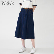 唯唯（WEWE）春季新款半身裙中長款牛仔半裙拼接時尚百搭氣質(zhì)a字裙 深藍 S