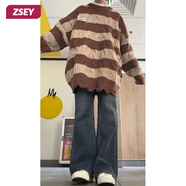 ZSEY條紋毛衣女春秋寬松慵懶風(fēng)oversize日系復(fù)古小眾設(shè)計(jì)感針織衫 棕色 M 建議90-110斤