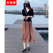 米珀莉小香風(fēng)連衣裙裙子夏天女裝2025新款氣質(zhì)女神范套裝V領(lǐng)上衣半身裙 黑衣咖裙套裝 M