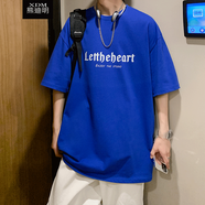 熊迪明純棉短袖t恤男士夏季潮牌上衣服港風(fēng)五分寬松情侶半袖體恤衫班服 克萊因藍888 XL