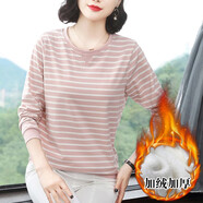 蕾諾希 條紋長(zhǎng)袖T恤女2024年春秋新款秋衣百搭打底衫女加絨休閑上衣8377 粉色條紋（加絨） 4XL