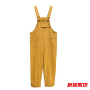 tromlfz夏季薄款減齡背帶褲女韓版寬松休閑顯瘦吊帶小清新高腰直筒九分褲 黃色【單背帶褲】 3XL 建議150-170斤