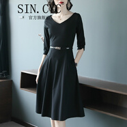SIN.CYC女裝連衣裙收腰修身女夏季時(shí)尚氣質(zhì)顯瘦裙子女 黑色七/分/袖V/領(lǐng) S
