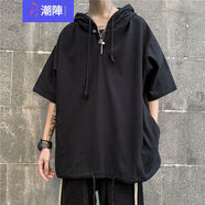 潮陣夏季連帽套頭短袖T恤男寬松半開(kāi)襟紐扣薄衛(wèi)衣麻棉半袖t體恤帽衫潮 黑色WT105 2XL