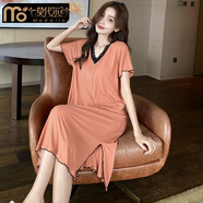 莫代爾帶胸墊莫代爾睡裙女夏季短袖長(cháng)款蕾絲花邊性感睡衣夏天薄款連衣裙 橘色 帶胸墊1317 L 165 100-120斤