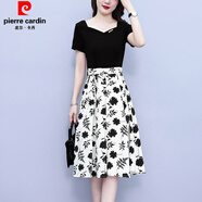 皮爾卡丹（pierre cardin）假兩件雪紡連衣裙女裝2025夏季新款時(shí)尚方領(lǐng)氣質(zhì)收腰印花拼接裙子 黑色 3XL 【150-165斤】