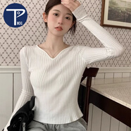 PMOG加絨保暖低領(lǐng)針織打底衫女秋冬洋氣內(nèi)搭修身短款v領(lǐng)白色加厚毛衣 白[不加絨] XL[建議111-120斤]