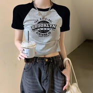 妃麗慕尚（FEILIMUSHANG）2025年夏季新款純棉正肩拼色短袖t恤女小個子修身短款上衣辣妹ins 803-128灰色 M