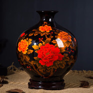 領(lǐng)格 景德鎮陶瓷器紅牡丹花瓶 水晶釉花開(kāi)富貴花瓶客廳家居裝飾品擺件禮物 現代時(shí)尚擺設工藝品婚慶 烏金釉黑石榴 高約28.5寬25cm