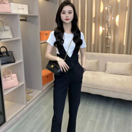 支持國貨   。  丹2022新款顯高連體褲女2022夏季新款時(shí)尚小個(gè)子修身顯瘦背帶褲套裝一整套潮 單件黑色背帶褲 M 建議85-100斤