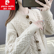 皮爾卡丹（pierre cardin）粗線(xiàn)加厚毛衣外套寬松慵懶風(fēng)麻花上衣針織開(kāi)衫女2026新款秋季女裝 米色 XL 120-145斤