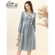 勿忘花純棉碎花重工娃娃領(lǐng)連衣裙女2025秋季新款遮肚子顯瘦裙子 花色 L