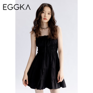 EGGKA 綁帶吊帶連衣裙女修身夏季新款設(shè)計(jì)感小眾褶皺裙子 黑色-短 E23D1299BK S