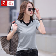 皮爾卡丹（pierre cardin）大碼寬松Polo衫長(cháng)袖t恤女棉韓版帶領(lǐng)氣質(zhì)丅桖春裝翻領(lǐng)V領(lǐng)上衣潮 82321#【短袖】淺灰色 S