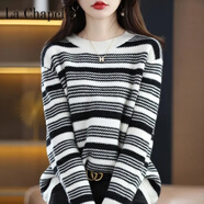 拉夏貝爾（La Chapelle）歐洲站羊 毛衫女寬松秋冬圓領(lǐng)羊 絨毛衣女撞色上衣女針織打底衫 純100自動(dòng)發(fā)熱黑色 純100自動(dòng)發(fā)熱XL 建議110-125斤穿