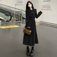 燕潯da碼女裝長袖連衣裙2025秋冬新款法式復古假兩件收腰長裙子 黑色 XL (建議120-140斤)