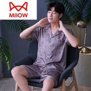 貓人（MiiOW）男士睡衣夏季夏款絲綢真絲家居服短袖短褲夏天可外穿男款大碼套裝 SC男款雙短炭灰幸運(yùn)草 XL (130-150斤)