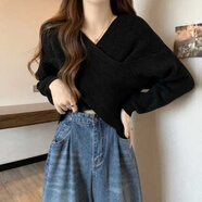 嵐杳不規(guī)則交叉v領(lǐng)套頭毛衣女春秋內(nèi)搭寬松慵懶短款針織衫上衣設(shè)計(jì)感 黑色【軟糯親膚】 L